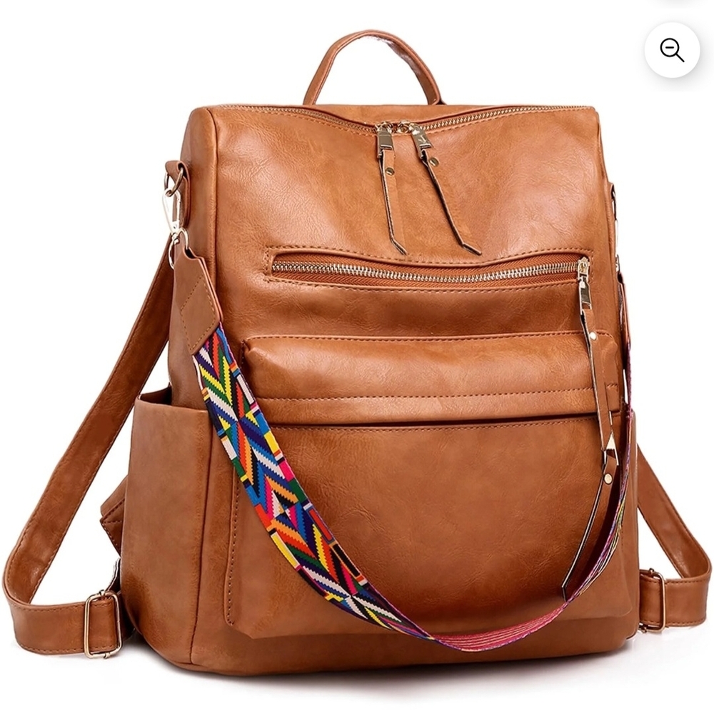 Stylish Tan Backpack with Colorful Strap